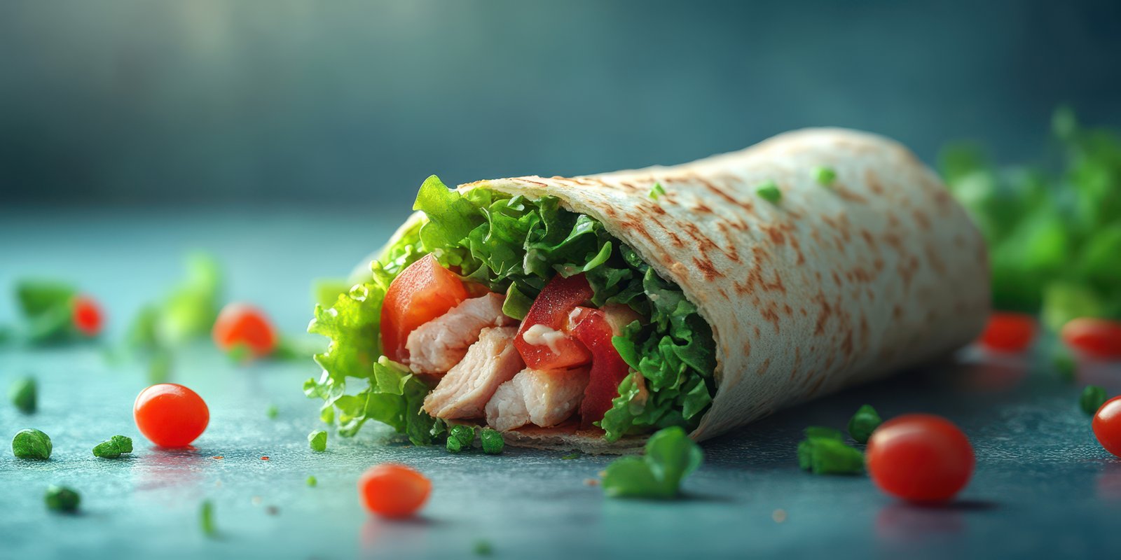 Delicious wrap filled with fresh vegetables and chicken on a textured surface in a bright kitchen